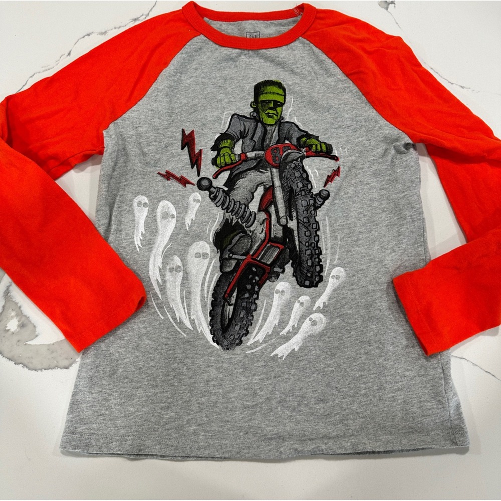 GAP Kids Halloween Raglan Shirt Frankenstein Motorcycle Ghosts Size 10
